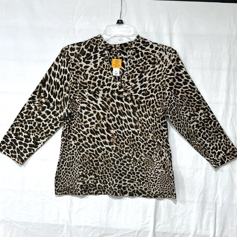 Ruby Rd. Blouse, ¾ Sleeve, Animal Leopard Print, Brown + Cream, Size PL